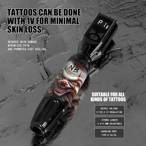 Wireless Tattoo Pen Kit With 10 Tattoo Needles And 7 Inks featuring clown design, suitable for all kinds of tattoos on grey surface.