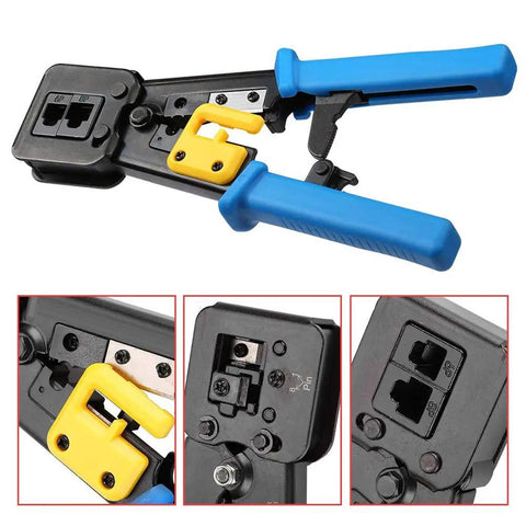 Pro Grade Pass Through RJ45 Crimp Tool For Cat5 Cat5e Cat6 Ethernet Cables showing close-up of RJ45 and RJ12 connectors