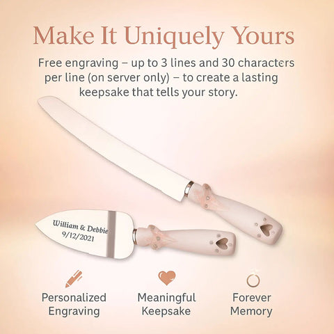 Personalized Rose Gold Wedding Cake Knife And Server Set With Double Heart Engraving, Free Engraving Included on elegant blades