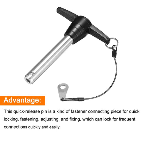 Heavy Duty Stainless Steel T Handle Locking Pin With Push Button Quick Release And Lanyard, Five Eighths Inch Pin Diameter