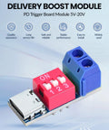 USB C Power Delivery Trigger Board Module For PD 3.0 2.0 And QC BC1.2 Testing 100W Max Output Overheat And Overvoltage Protection Adjustable Voltage Range Via DIP Switch High Speed USB Type C Charger Board 4 Pack with DIP switch and ports visible.