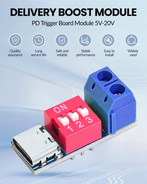 USB C Power Delivery Trigger Board Module For PD 3.0 2.0 And QC BC1.2 Testing 100W Max Output Overheat And Overvoltage Protection Adjustable Voltage Range Via DIP Switch High Speed USB Type C Charger Board 4 Pack with DIP switch and ports visible.