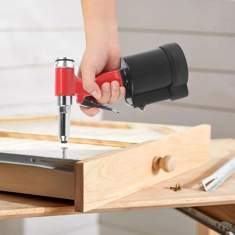Pro Pneumatic Rivet Gun Kit With Heavy Duty Air Riveter Tool For Automotive Repair Jobs Built From Tough Stainless Steel And Durable Aluminum Alloy For Long Lasting Gutsy Performance On Every Single Job, hand-held on wood panel