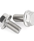 5/16-18 X 3/4 Flange Hex Head Bolts Stainless Steel 304 Fully Threaded Hardcore Heavy Duty Fasteners Tough As Nails Top Shelf Hardware For Trucks Cars And DIY Projects Includes 15 Pieces close-up of two bolts showing flanged heads and fully threaded design.