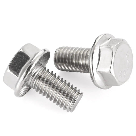 5/16-18 X 3/4 Flange Hex Head Bolts Stainless Steel 304 Fully Threaded Hardcore Heavy Duty Fasteners Tough As Nails Top Shelf Hardware For Trucks Cars And DIY Projects Includes 15 Pieces close-up of two bolts showing flanged heads and fully threaded design.