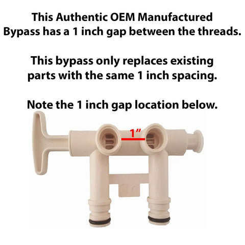 Water Softener Bypass Valve With Threaded Adapters OEM Replacement Part showing 1 inch gap between threads
