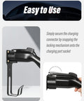 No Sweat Heavy Duty Wall Mount J Hook Stand For J1772 EV Chargers showing securing process with locking mechanism on connector.