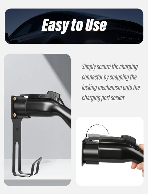 No Sweat Heavy Duty Wall Mount J Hook Stand For J1772 EV Chargers showing securing process with locking mechanism on connector.