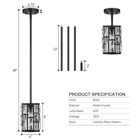 Black Crystal Pendant Light Fixture Modern Hanging Chandelier With Clear Faceted Crystals Dope Look For Kitchen Island Design Specs