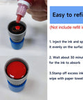 Easy refilling process for the Sweet Acting On Time Self Inking Stamp with red ink instructions and ink injection detail.