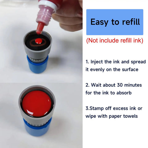 Easy refilling process for the Sweet Acting On Time Self Inking Stamp with red ink instructions and ink injection detail.