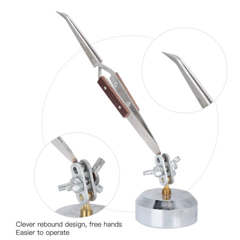 Ultimate Third Hand With Curved Tweezers For Jewelry Welding Electronics Repair Craft Projects 360 Degree Rotating Self Locking Precision Tool close-up of tweezers and base features