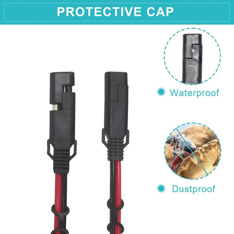 Close-up of Heavy Duty SAE Extension Cable 16AWG 20 Foot for Battery Chargers with protective dust and waterproof caps