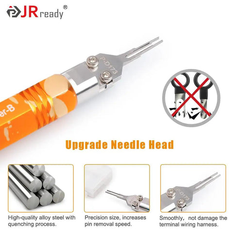 Heavy Duty Molex Pin Extractor Tool For Mini Fit Jr Terminals With Built In Plunger Depinning Setup, highlighting ergonomic design and precision tip.