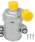 Performance Auxiliary Water Pump 11518635089 for BMW, silver metal finish with yellow caps, includes mounting screws.