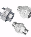 Rock Solid 304 Stainless Steel Coupling Union Pipe Connector Featuring Female To Female Threads For No Sweat Plumbing Jobs And Serious Corrosion Defense, showing three pipe connectors.