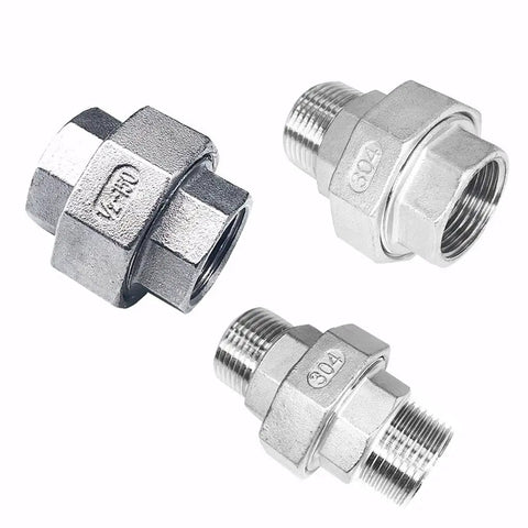 Built Tough 304 Stainless Steel Bsp Female To Female Coupling Union Connector Pipe Fitting, three angles showing heavy duty design.