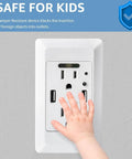 Super Handy Wall Outlet With Night Light Attached, 15 Amp USB Receptacle Featuring Auto Sensor LED Cover Plate, 4.2A Fast Charging Ports, smooth white receptacle with child’s hand touching it, emphasizing safety features.
