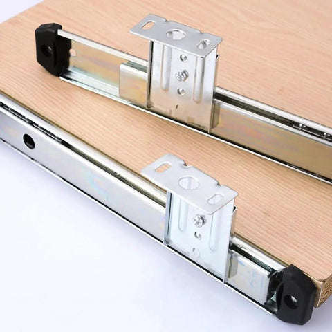Heavy Duty Adjustable Underdesk Keyboard Slide Rail With Non Slip Skid Side Mount 35 Key Computer Drawer Track Quick Install view of metal tracks on wood