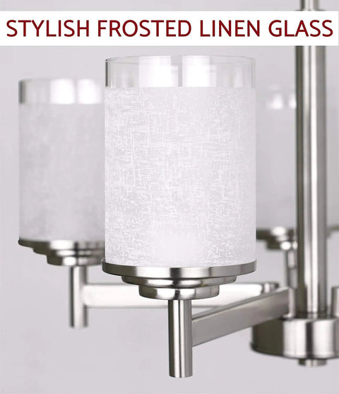 White Linen Frosted Glass Shade Replacement Set, close-up on a chandelier with stylish frosted glass covers, 5.9 inch height