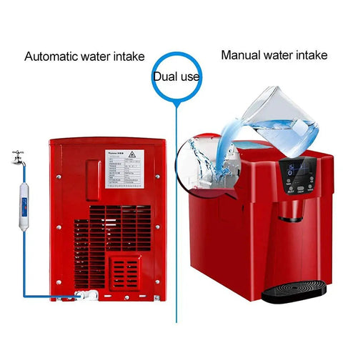 Slick Countertop Ice Cube Maker And Kitchen Water Dispenser With Three Liter Tank, showing dual water intake systems.