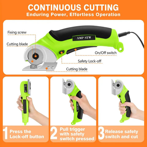 Powerful Cordless Electric Scissors For Heavy Duty Cardboard Cutting With Rechargeable Battery, showing blade and safety features.