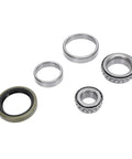Beefed Up Marine Trailer Bearing Kit For Boat Trailers With Steel Alloy Hubs And Seals 5 Piece Replacement Set For LM12749 LM12710 L68149 L68110 TB Seal Long Lasting Wheel Bearing Upgrade with visible components on white surface.