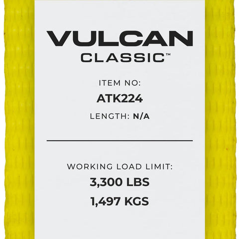 Label on Complete Axle Strap Tie Down Kit With Snap Hook Ratchet Straps In Classic Yellow, showing specs and load limit.