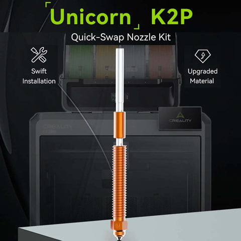 0.4mm Unicorn Nozzle Kit for K2 Pro and Hi Combo 3D printers displayed with quick-swap installation feature and upgraded materials.