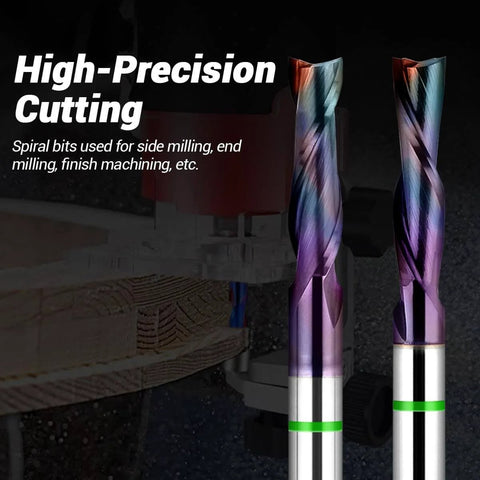 Side view of 1/4 Inch Shank Upcut Spiral CNC Router Bit With 2 Flutes, 1 Inch Cutting Depth, used in woodworking.
