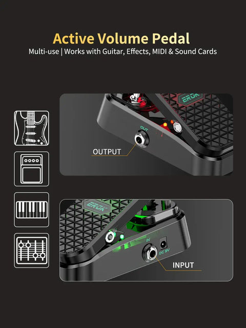 Two In One Wah And Volume Pedal For Electric Guitar With Custom RM Type Shielded Inductor And Pure Analog Tone Active Volume Control Compact Gig Ready 23 Degree Stroke Power Adapter Not Included showing output and input
