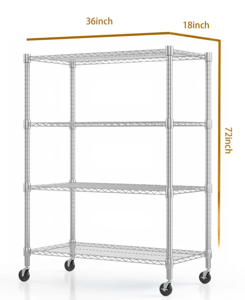 Heavy Duty 4 Tier Steel Wire Storage Rack On Wheels, Adjustable Metal Shelves, 1600 Lb Total Capacity, 72 Inch Tall Garage Kitchen Pantry Organizer, 18 Inch Deep By 36 Inch Wide, Silver, front view with dimensions