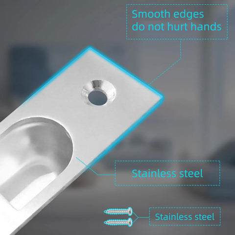 4 Inch Pocket Door Edge Pull Flush Mount Handle in 304 Stainless Steel with smooth edges and screws