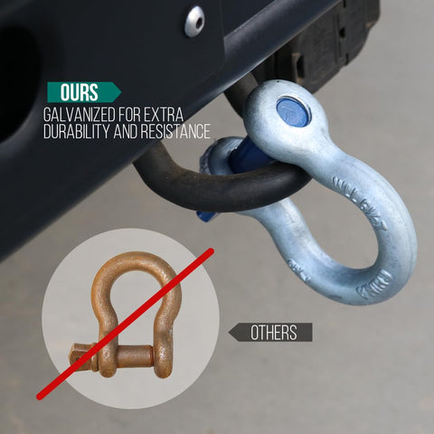 Heavy Duty Seven Eighths Inch Forged Anchor Shackle Built Tough For Towing And Rigging, Six And A Half Ton Working Load Capacity, labeled "ours".