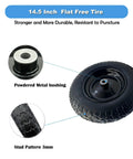 Two Pack 14.5x3.50-8 Flat Free Wheel Set With Steel Rim, close-up of powdered metal bushing and stud pattern