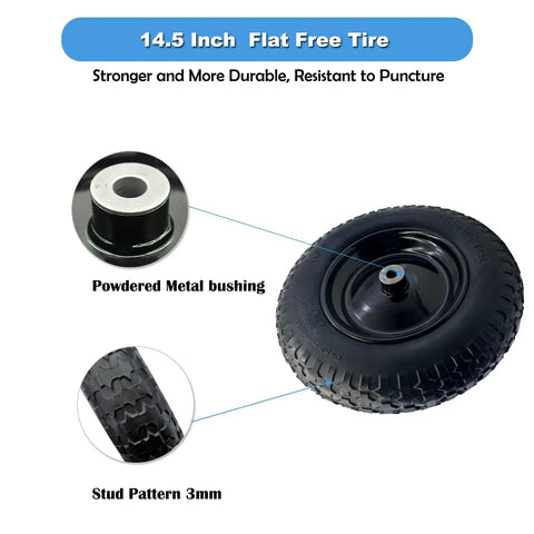 Two Pack 14.5x3.50-8 Flat Free Wheel Set With Steel Rim, close-up of powdered metal bushing and stud pattern