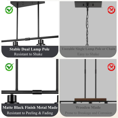 Stable dual lamp pole design of 32 Inch 4 Light Matte Black Bar Light With Rustic Farmhouse Charm For Kitchen Island And Dining Room Ceiling Hanging Lamp.