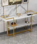 Industrial Console Table With Drawer And Two Tier Storage Shelf Narrow Sofa Side Table For Hallway Heavy Duty Metal Build with gold accents.