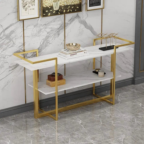 Industrial Console Table With Drawer And Two Tier Storage Shelf Narrow Sofa Side Table For Hallway Heavy Duty Metal Build with gold accents.