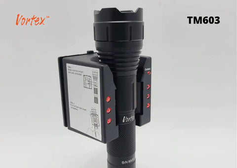 Emergency LED Wall Mount Flashlight TM603 1000 Lumen High Power Tactical Light shown with charging wall mount attachment and self-defense head.