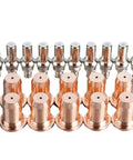 Ultimate 20 Pack Plasma Cutter Consumables Set With Electrodes And Nozzles For PT60 PT40 Torch copper and silver nozzles and electrodes arranged neatly.