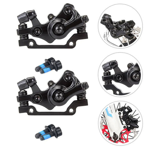 Two Sets Of Mechanical Mountain Bike Disc Brake Calipers Built To Perfection With Hardened Aluminum Alloy for stable braking grip.