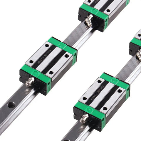 Close-up of Beefy 900mm Linear Guide Rail Kit with HGR20 carriages and HGH20CA slider blocks for DIY CNC machines.