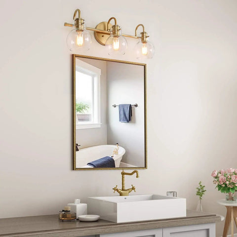 Over Mirror Gold Bathroom Light Fixture With Three Clear Glass Globe Shades Modern Minimalist Vanity Lighting