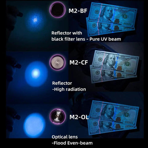 Super Handy Stainless Steel 365nm Uv A Blacklight Flashlight Packing Strong 1800mw Output Battery Powered And Portable Size Perfect For Spotting Pet Urine Stains Counterfeit Cash Forensic Clues Oil Messes Body Fluids And Scorpions showing three UV light beams on currency.