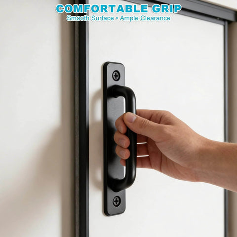 Hand pulling on Matte Black Barn Door Handle from 2 Pack Heavy Duty Aluminum Alloy Pull Handles with 5 Inch Hole Center, easy to install.