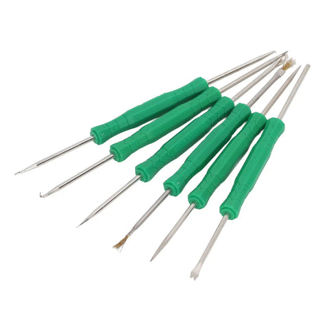 Six Piece Pro Grade Solder Helper Tool Set For Electronics Repair with green handles and double sided hardened tips on white background.