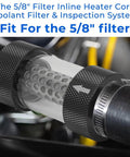 Five Eighth Inch Universal Inline Heater Core Coolant Filter with clear tube and steel mesh design for effective coolant purification.