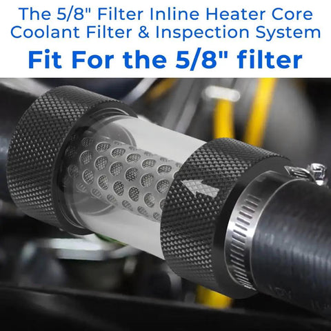 Five Eighth Inch Universal Inline Heater Core Coolant Filter with clear tube and steel mesh design for effective coolant purification.