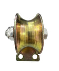 Heavy Duty U Groove Gate Casters 2 Inch Steel Gate Wheels Bearing 660 Lbs Per Wheel showing front view of a gold-colored steel wheel.